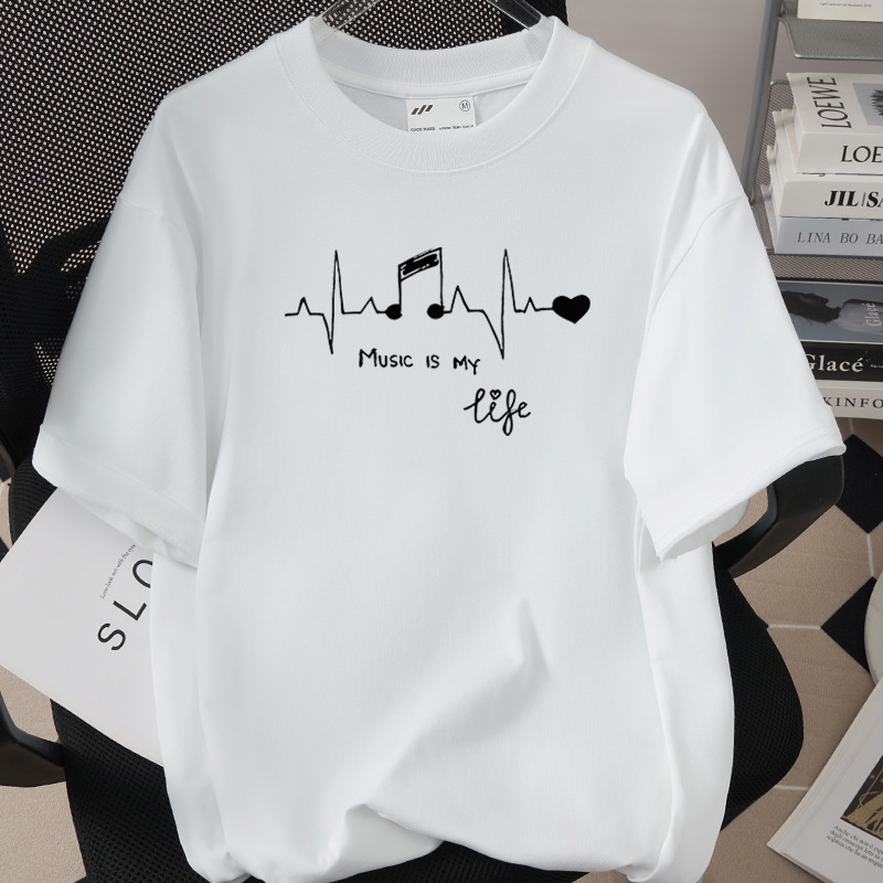 Music And Headphones Creative Print T-Shirt Loose Fit