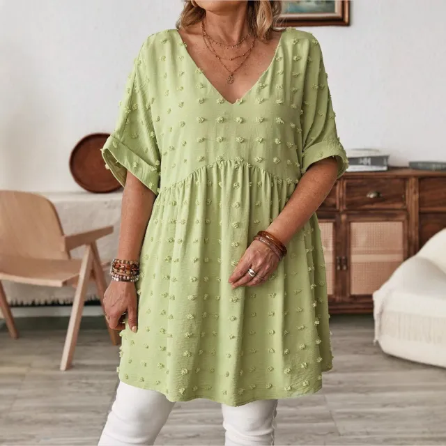 European And American Half Sleeve Jacquard Loose fitting Casual V neck Knitted Top Yellow Green - Shop at LoveMi