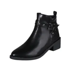 Retro Chunky Heel Studded Buckle Pointed Toe Martin Boots - Black - View 1