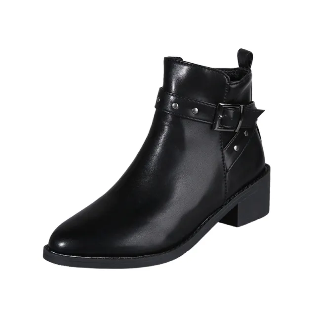 Retro Chunky Heel Studded Buckle Pointed Toe Martin Boots Black - Shop at LoveMi