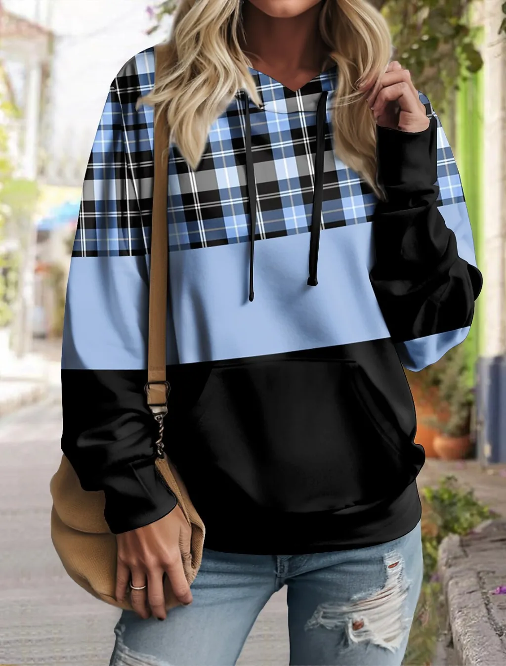 Women's Pullover Plaid Color Block Hoodie Long Sleeve - Xxs