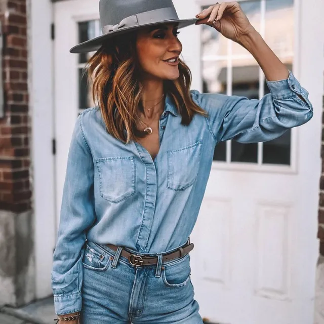 Lapel Denim Shirt Washed Retro Slim Top Blue - Shop at LoveMi