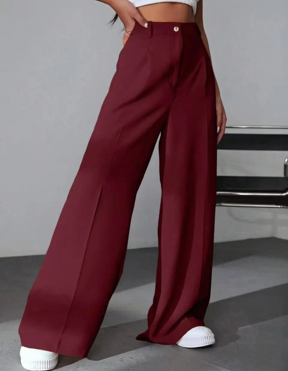 European And American New Women's Trousers Solid Color Casual Straight Pants - Wine