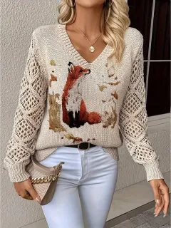 Elegant Bohemian Floral V-neck Long Sleeve Fashion Printed Sweater - Vt7 - View 1