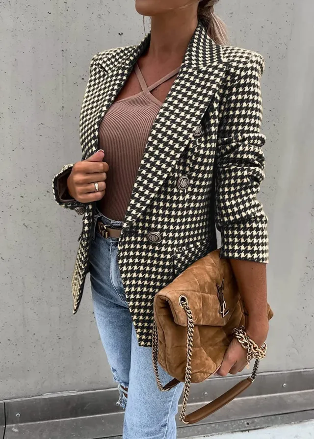 Houndstooth Printed Casual Coat Slim Fit Small Business Suit Black - Shop at LoveMi