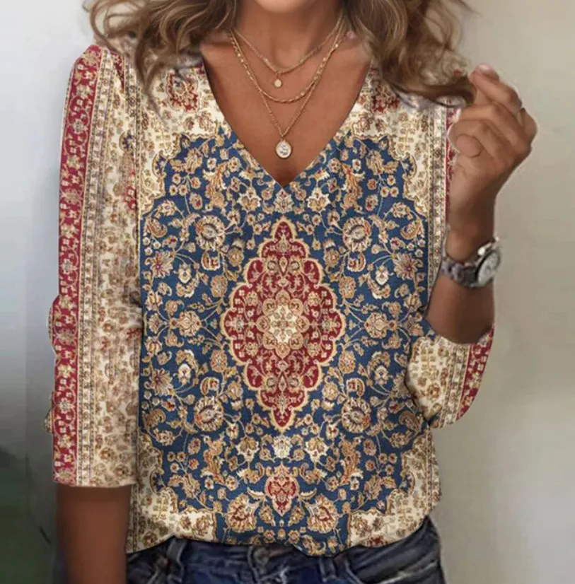 Fashionable Printed Long-sleeved T-shirt V-neck Loose Top - Ct01016-M