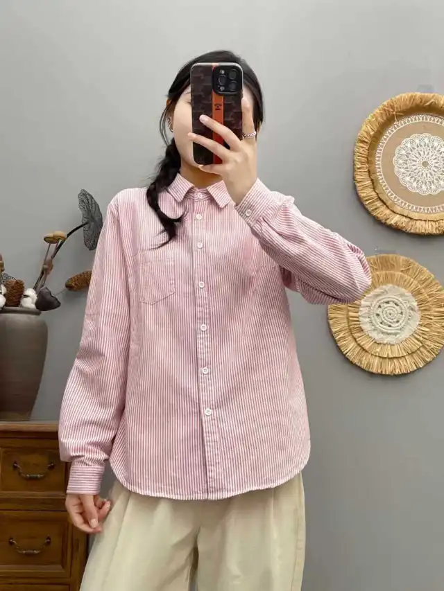 Striped Cardigan Slimming Single breasted Lapel Long Sleeve Shirt Red Stripes - Shop at LoveMi