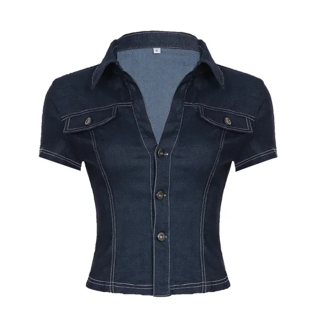 Retro Street Workwear Lapel Pocket Denim Shirt For Women Dark Blue - Shop at LoveMi