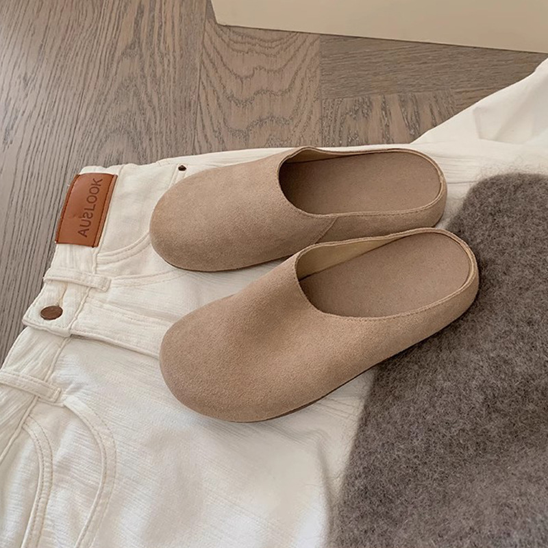 Soft And Genuine Leather Surface Slip-on Thick-soled Large Toe Half Slippers - Image 2