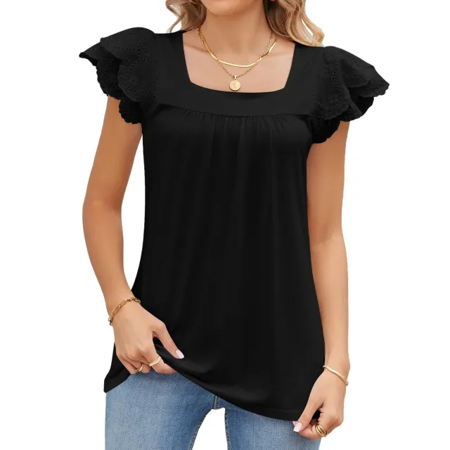 Solid Color Lace Stitching Square Collar Petals Short Sleeve T shirt Top Female Black - Shop at LoveMi