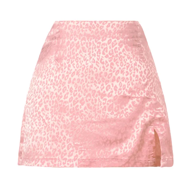 Women's Leopard Print High Waist Slit Short Skirt Jacquard Pink - Shop at LoveMi