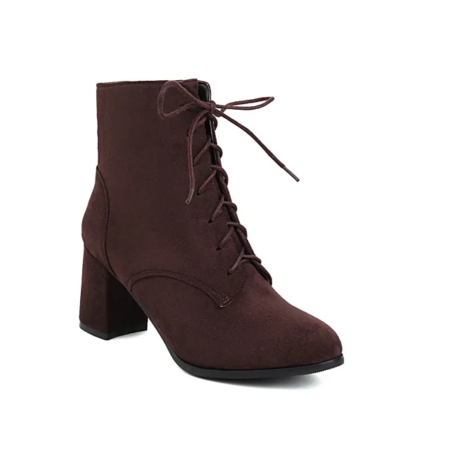 Frosted Short Boots Front Lace up Chunky Heel Brown - Shop at LoveMi