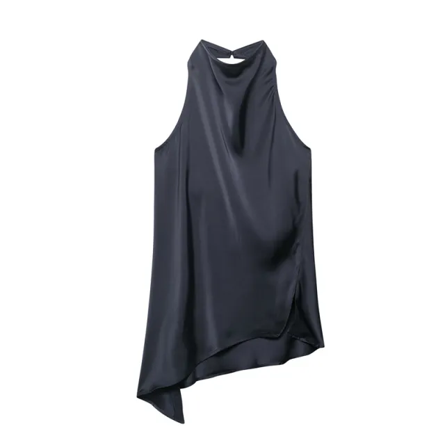 Silk Satin Texture Hanging Collar Top Two piece Set Blue - Shop at LoveMi