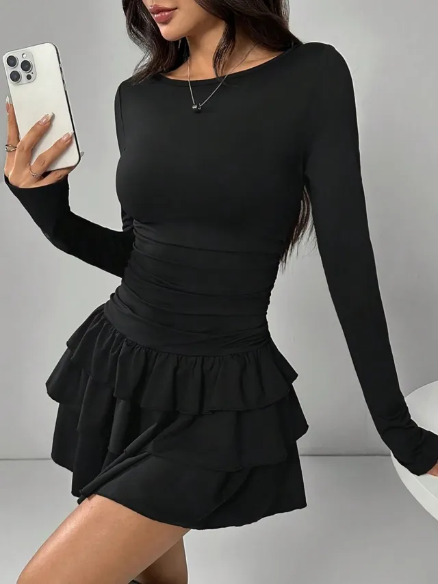 Autumn And Winter Solid Color Slim Fit Slimming Temperament Long Sleeve Dress Black - Shop at LoveMi
