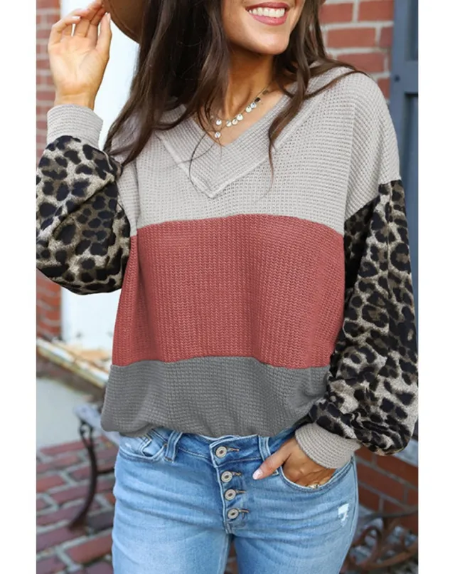 Women's Long sleeved Autumn Leopard Splicing Street Style Sweater Red And Gray Stitching - Shop at LoveMi