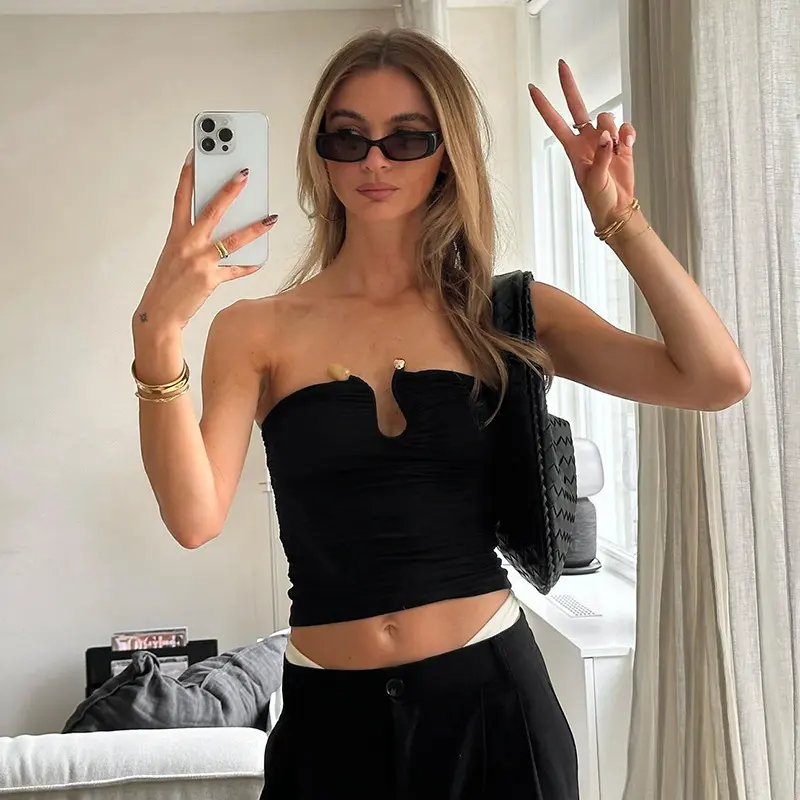 Solid Color Chest-wrapped Backless Pleated Agate T-shirt