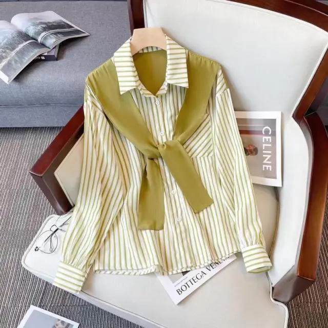 Retro Loose And Stylish Long Sleeves Striped Shirt For Women Green - Shop at LoveMi