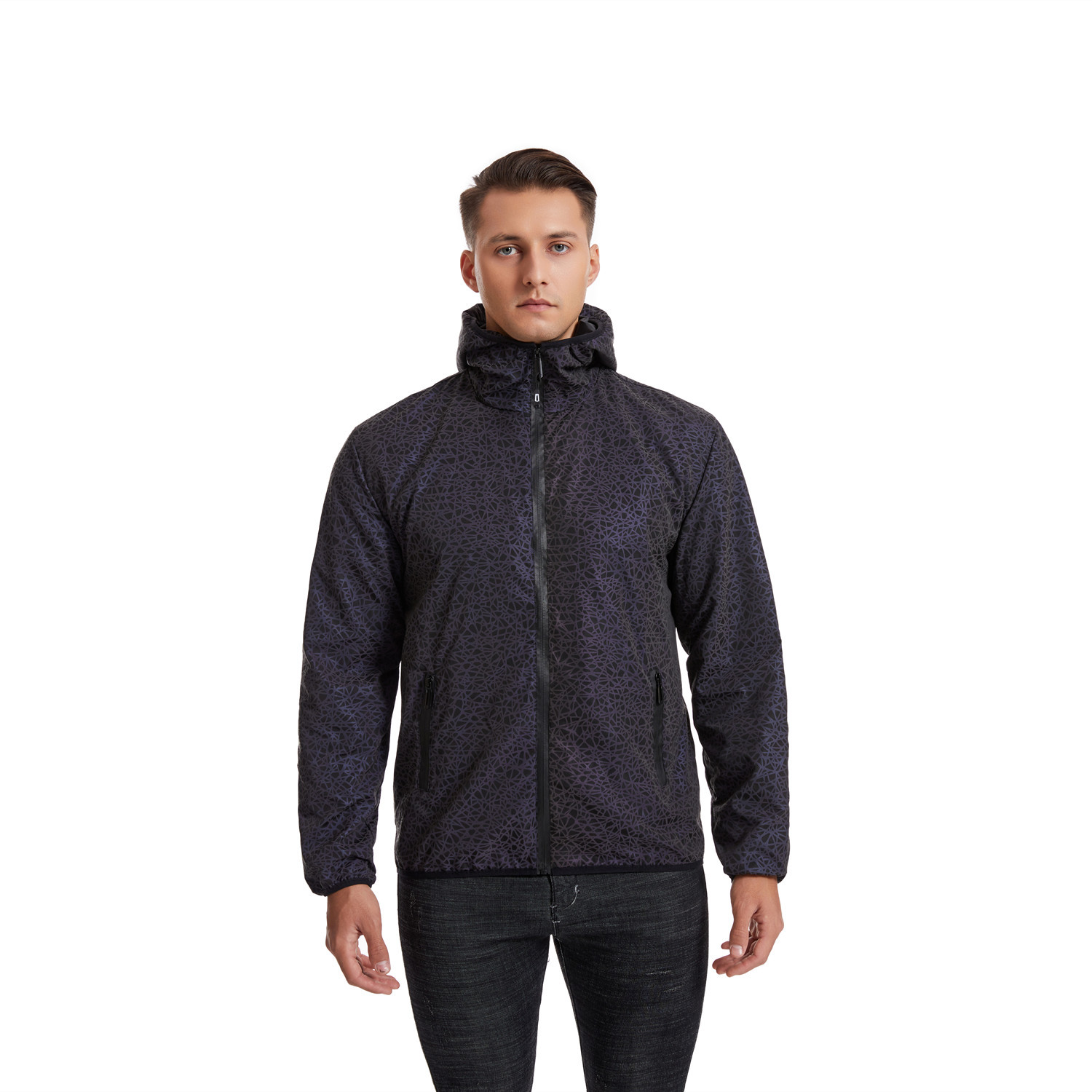 Reflective Jacket Hoodie Full Zip Soft Shell Windbreaker Night Vision Cycle Coat - Picture 6 of 6
