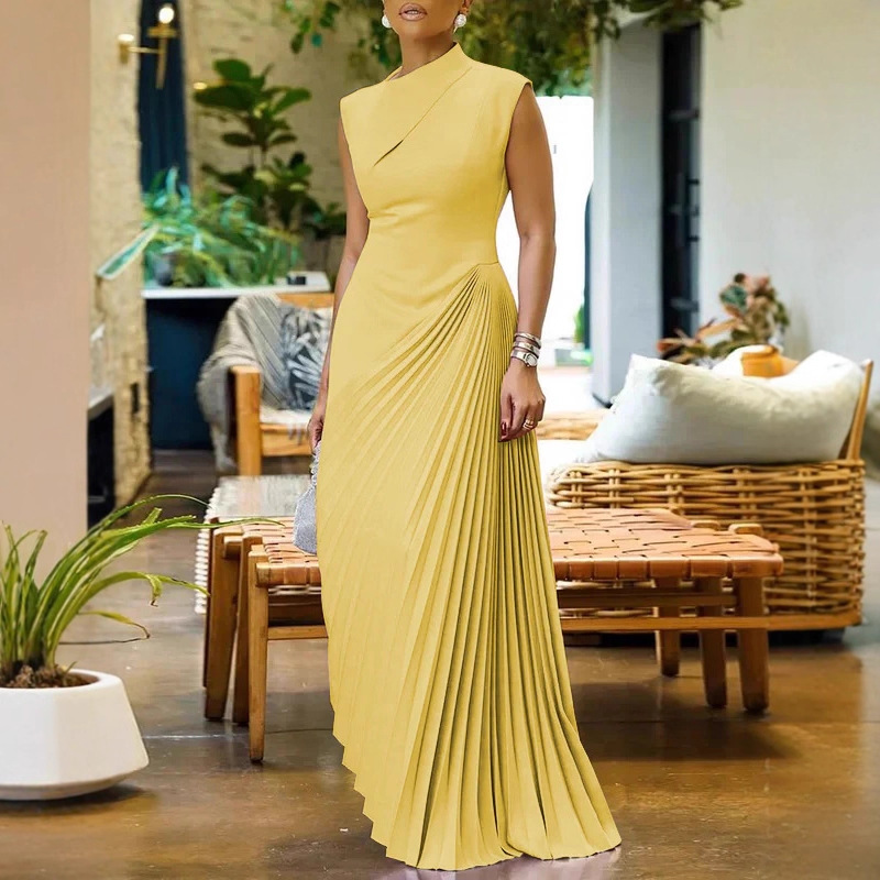 Womens Solid Color Sleeveless Solid-Color Pleated Dress