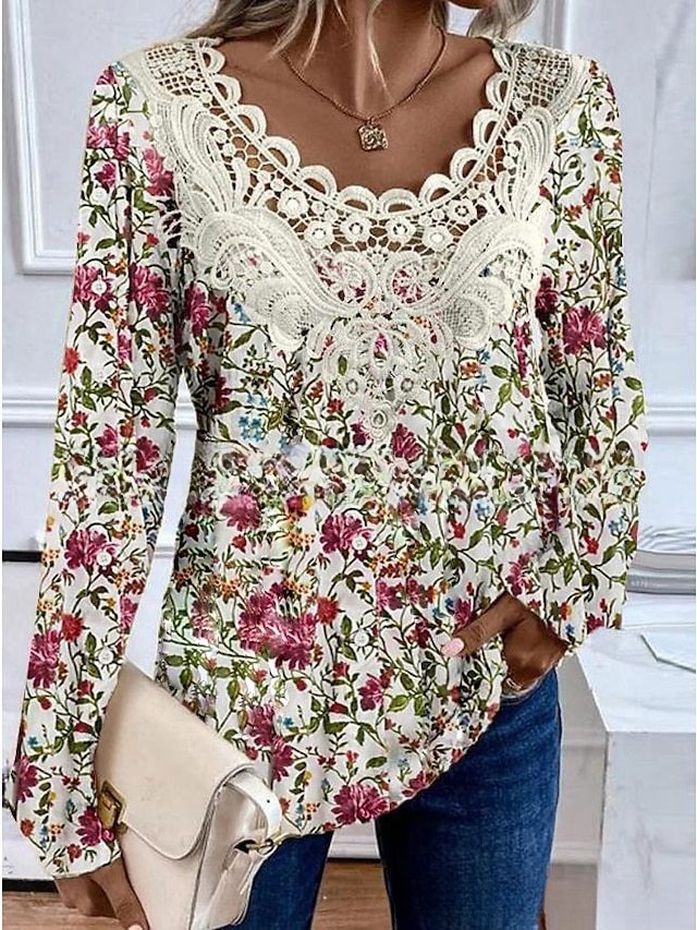 New European And American Women's Clothing Lace Lace Collar Printed Top