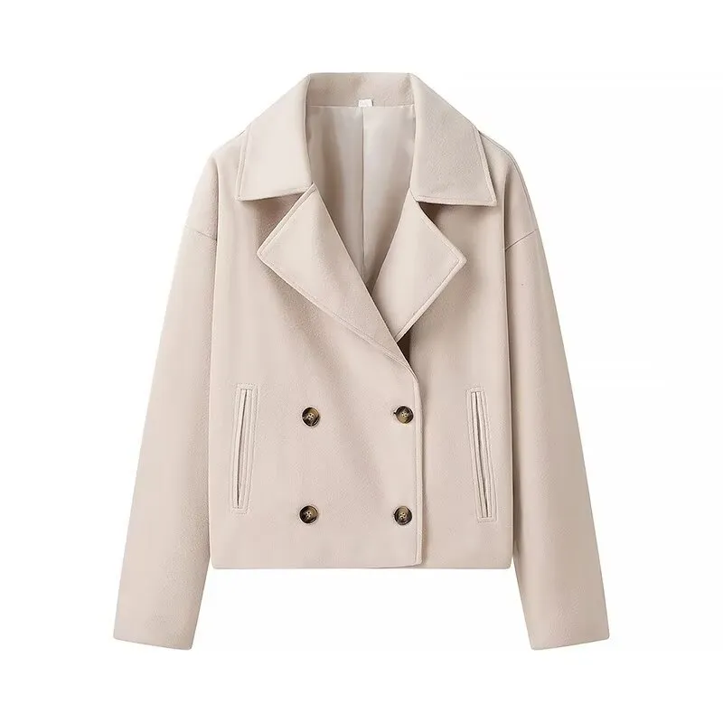 Fashion Casual Plus Size Lapel Double Breasted Woolen Coat Top - White