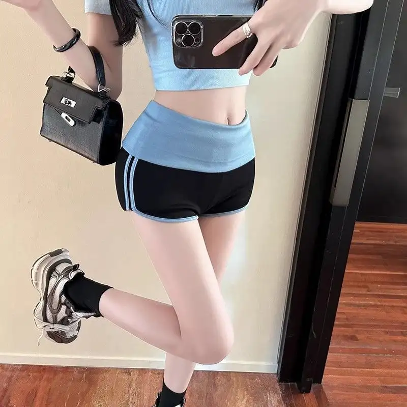 Contrast-color Elastic Casual Shorts For Women Summer Low-rise Sheer And Alluring