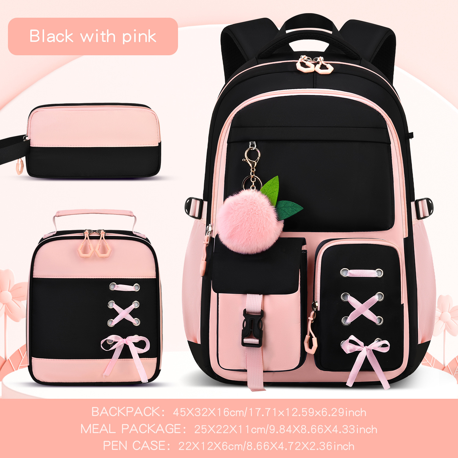 Large-capacity Backpack Three-piece School Bag Set Black Pink 3PCs
