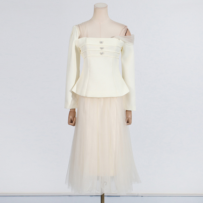 Niche Temperament Diagonal Shoulder Waist-controlled Top Lace Mesh Skirt Suit