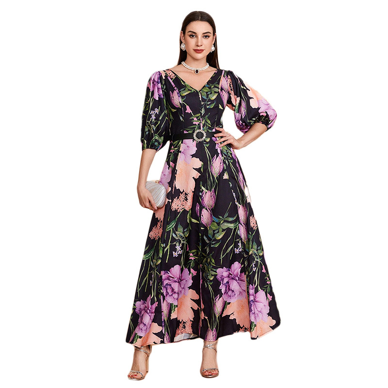 Elegant Lantern Sleeve Print Dress