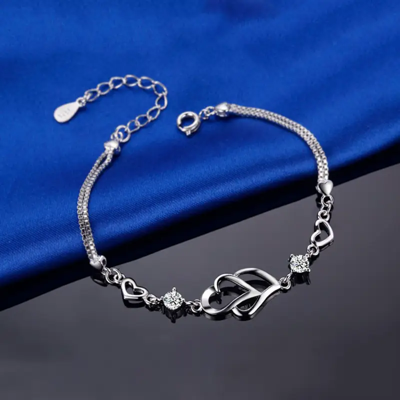 White Copper Silver-plated Heart-shaped Bracelet Heart-to-heart Diamond