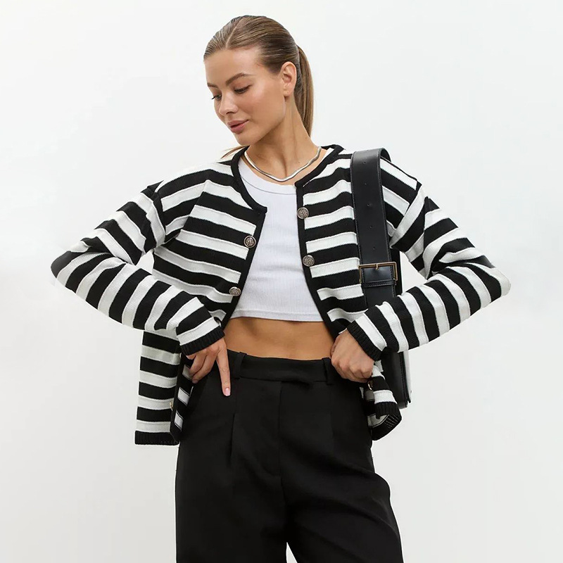 Slim-fit Buckle Striped Knitted Cardigan