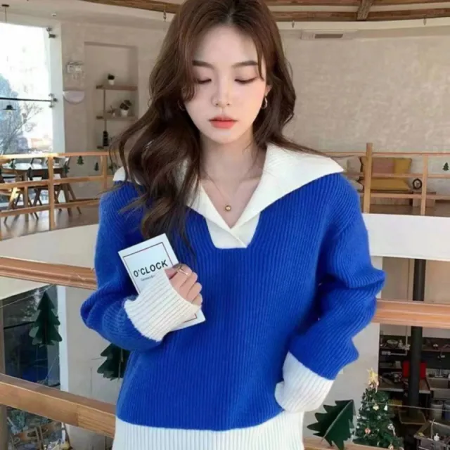Contrast Color Polo Collar Soft Glutinous Sweater Women's Autumn And Winter Blue - Shop at LoveMi