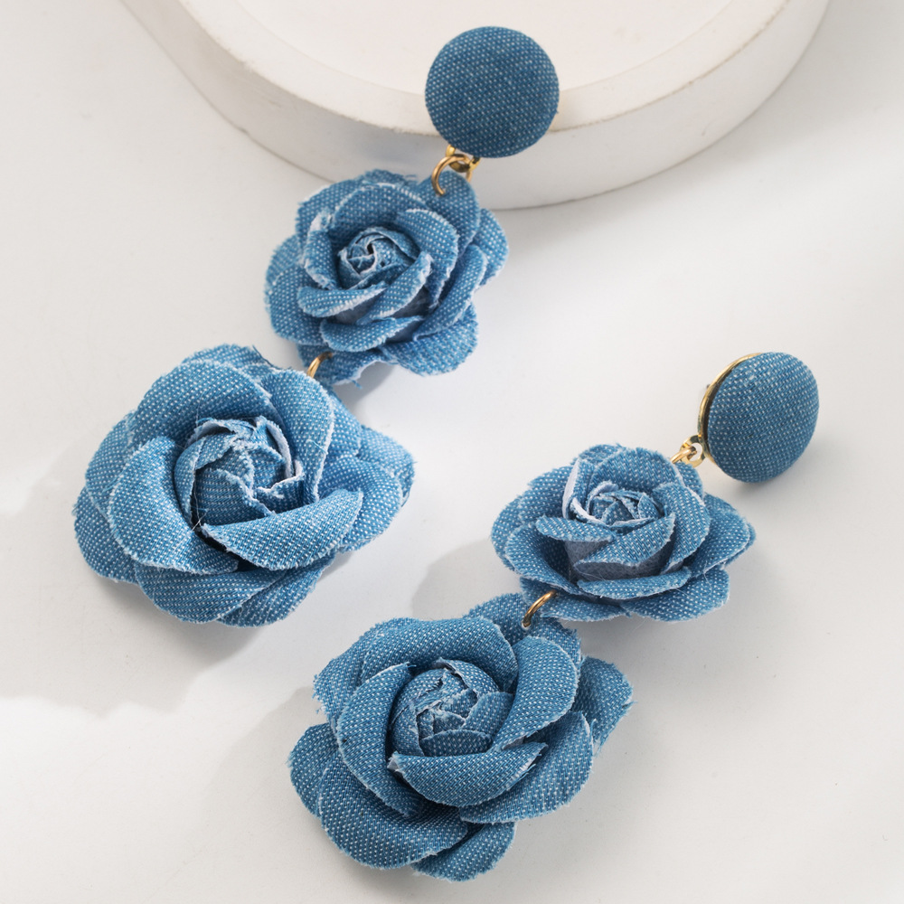 Fall Winter Cowboy Fabric Flower Earrings Multi-layer Long