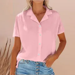 Lapel Cotton And Linen Casual Shirt For Women - Pink - View 1