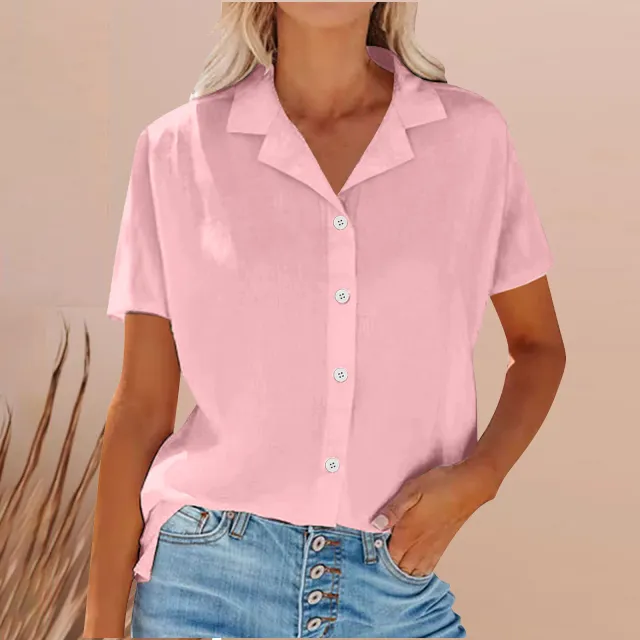 Lapel Cotton And Linen Casual Shirt For Women Pink - Shop at LoveMi