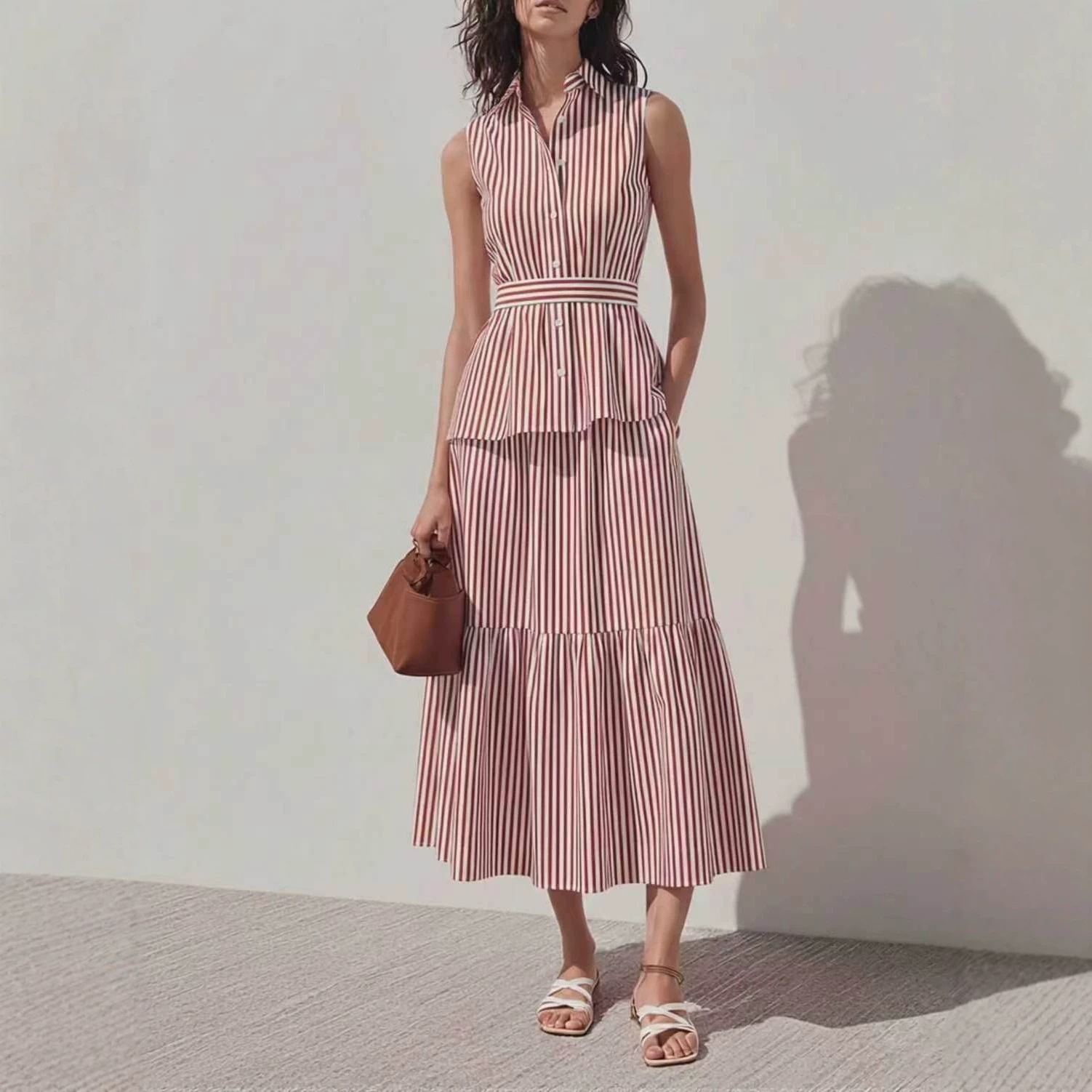 Color-block Striped Shirt Patchwork Skirt Set