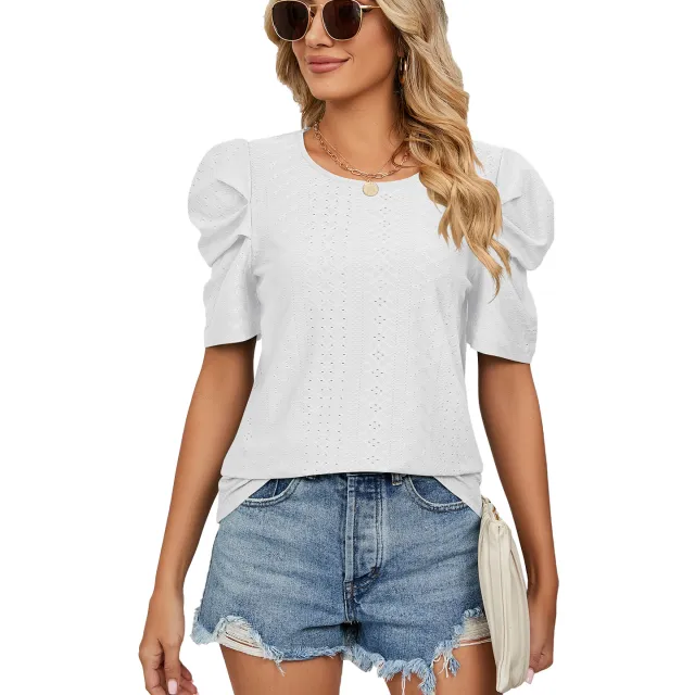 New Solid Color Round Neck Pleated Oversleeves Loose fitting T shirt Top Women White - Shop at LoveMi