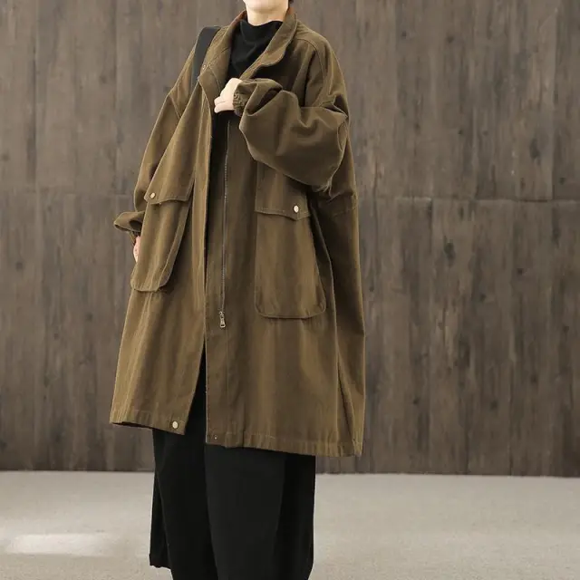 Loose Plus Size Workwear Windbreaker Female Art Jacket Long sleeved Brown - Shop at LoveMi