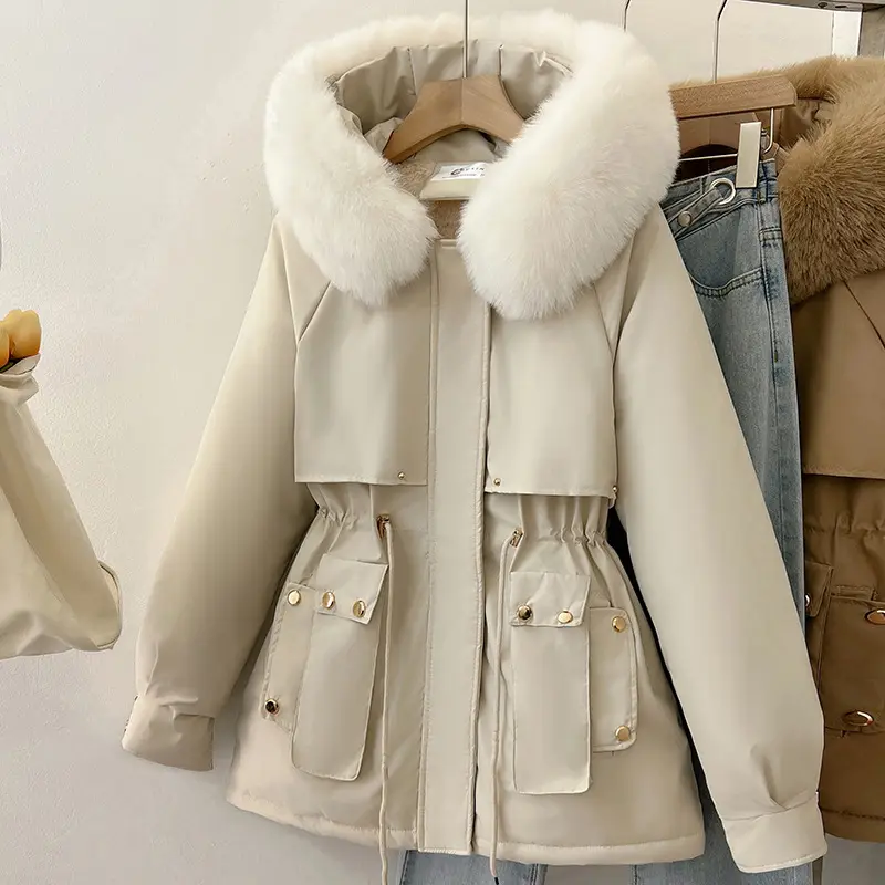 Womens Solid-Colored Loose Cotton Padded Coat