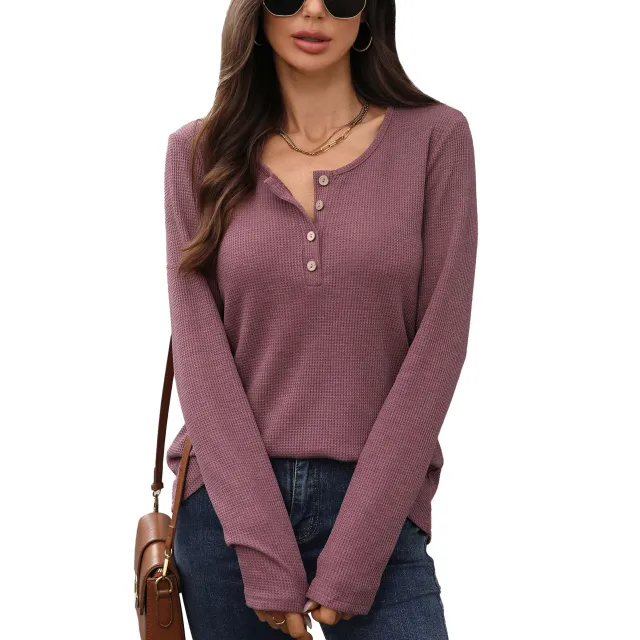 Women's Solid Color Round Neck Button Loose Long sleeved T shirt Top Red - Shop at LoveMi