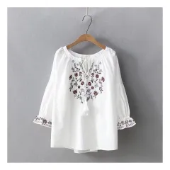 Womens Embroidered Lace-Trimmed Collar Puff-Sleeve TopBlouse - Red - View 1