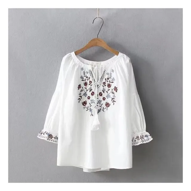Womens Embroidered Lace Trimmed Collar Puff Sleeve TopBlouse Red - Shop at LoveMi