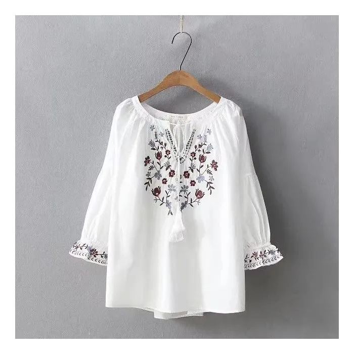 Womens Embroidered Lace-Trimmed Collar Puff-Sleeve TopBlouse - Red