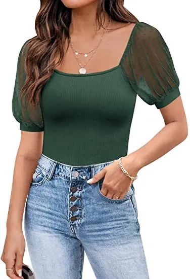 Fashionable See through Slim Patchwork Short Sleeve Green - Shop at LoveMi