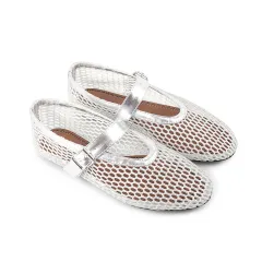 Mary Jane Mesh Ankle Buckle Ballet Flat Sandals - Silver - View 1