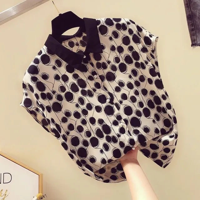 French Style Polka Dot Chiffon Shirt Short Sleeve Top Black - Shop at LoveMi