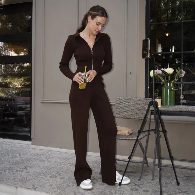 Knitted Cardigan Suit Short Cardigan Split Trousers Chocolate - Shop at LoveMi