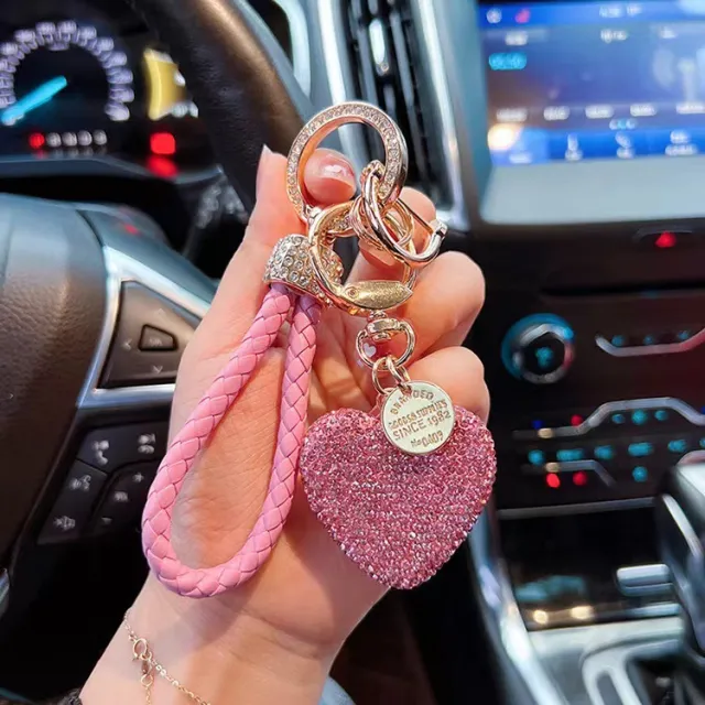 Clay Diamond Fully Jeweled Loving Heart Key Chain Diamond Leather Rope Pink - Shop at LoveMi