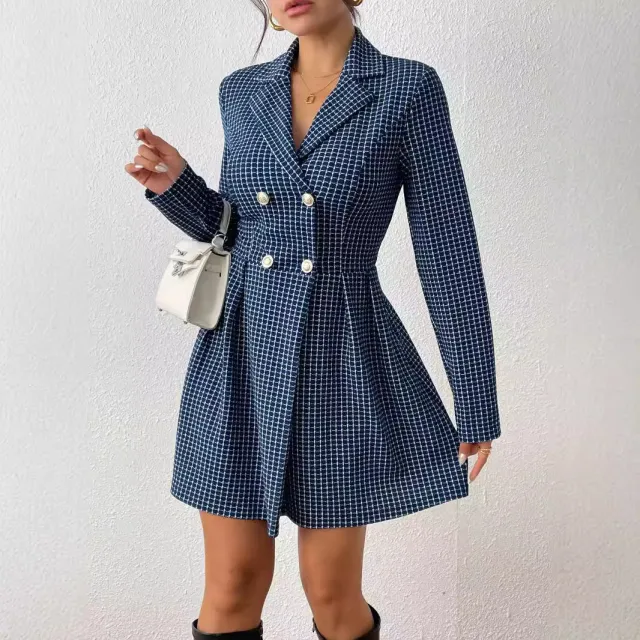 Fashion Plaid Temperament Commute V neck Long Sleeve Skirt Coat Dark Blue - Shop at LoveMi