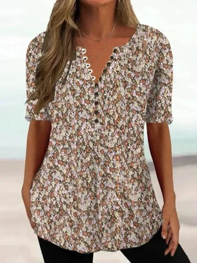 Women's V neck Short sleeved Summer 3D Printed Button T shirt Dx21 - Shop at LoveMi